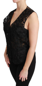 Dolce & Gabbana black floral brocade top gilet waistcoat with intricate floral pattern and tailored fit.