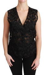Dolce & Gabbana black floral brocade top gilet waistcoat with intricate floral pattern and tailored fit.