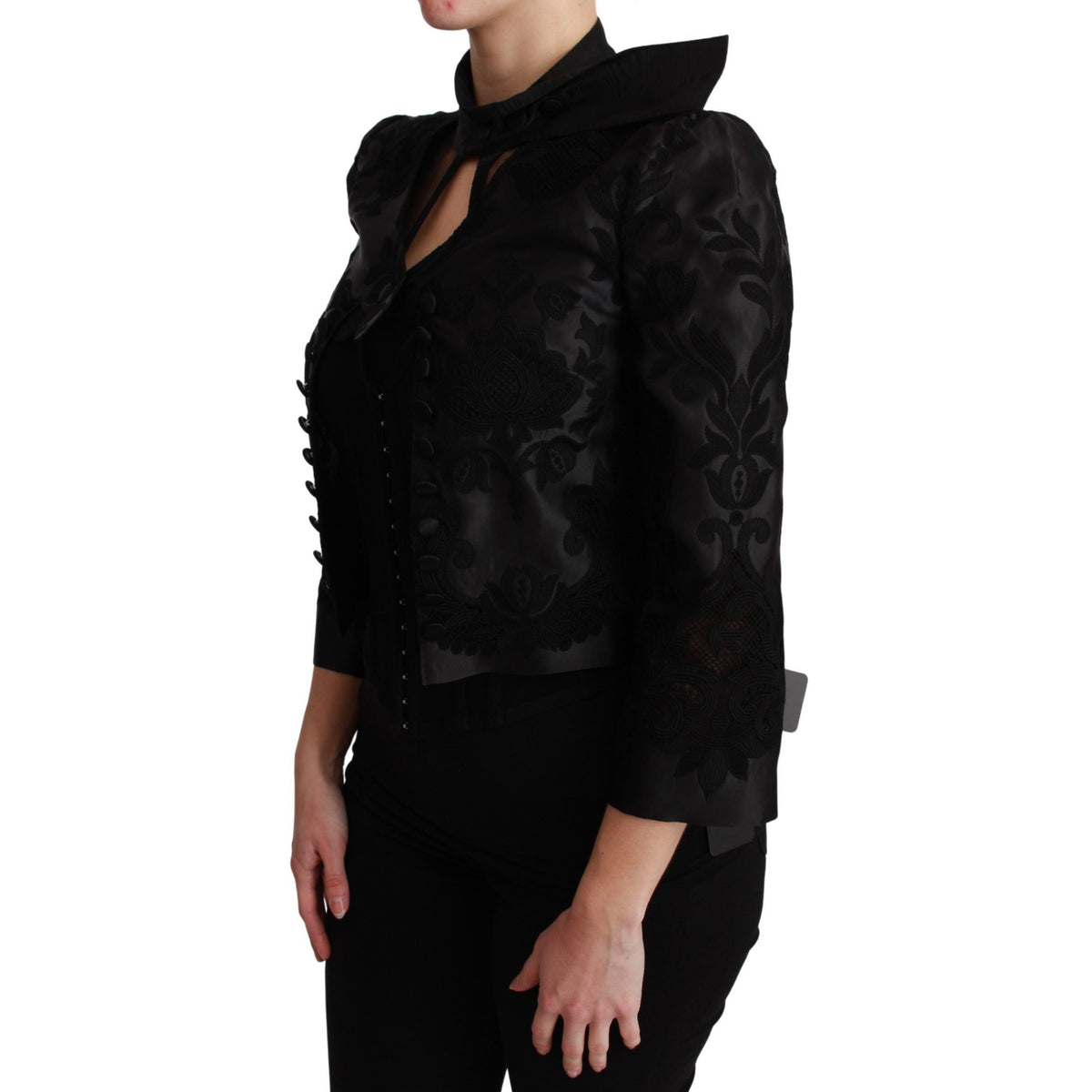 Black floral jacquard blazer silk jacket by Dolce & Gabbana, tailored fit with intricate floral pattern and smooth silk fabric.