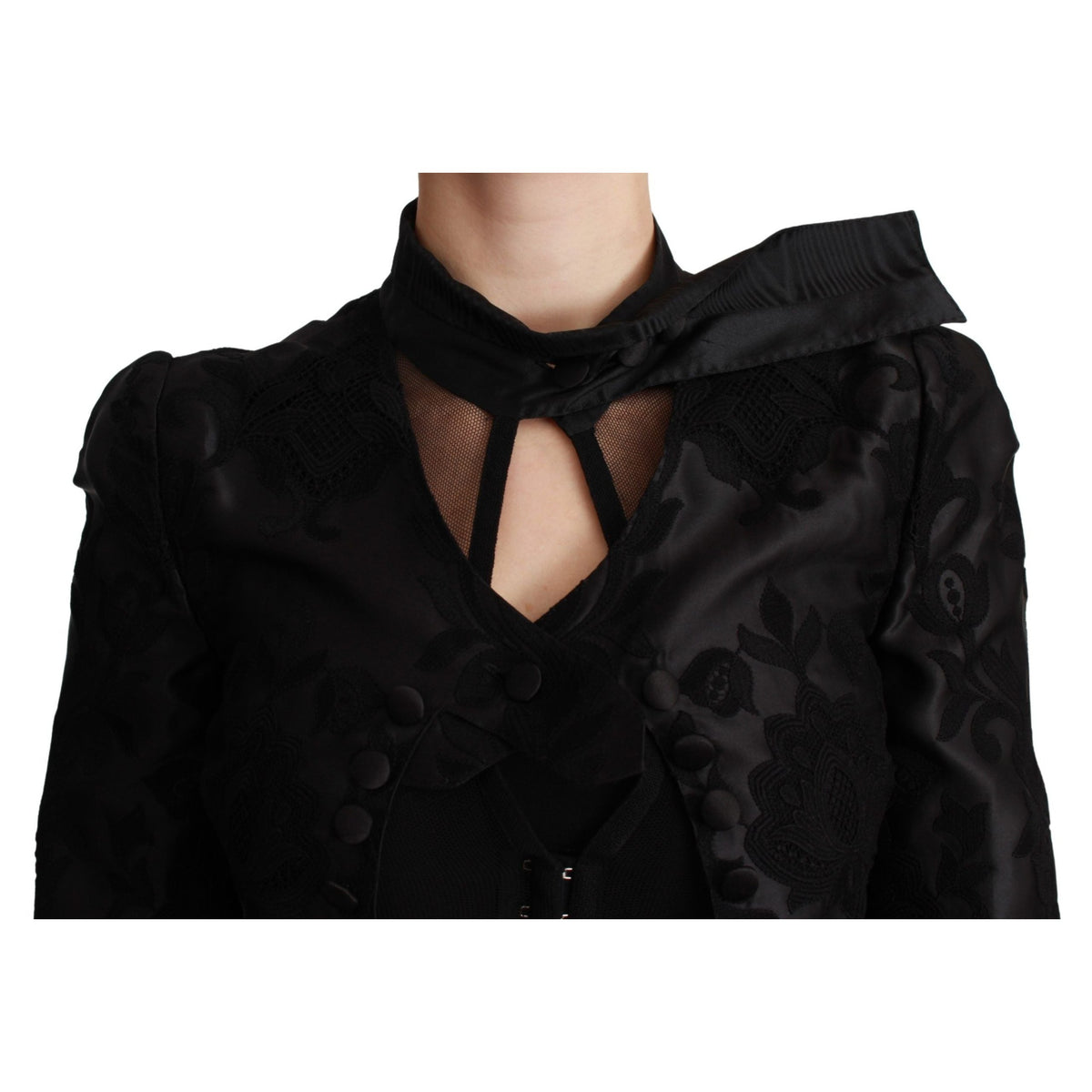 Dolce & Gabbana black floral jacquard blazer silk jacket, tailored fit with intricate floral pattern and elegant design.