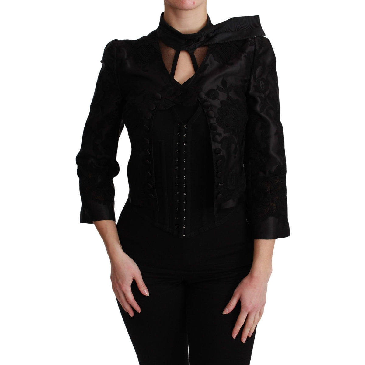 Dolce & Gabbana black floral jacquard blazer silk jacket, tailored fit with intricate floral pattern and classic lapel design.