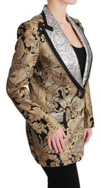 Dolce & Gabbana black and gold jacquard blazer jacket with tailored fit and intricate pattern for elegant style.