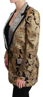 Dolce & Gabbana black and gold jacquard blazer jacket with tailored fit and intricate pattern detail.