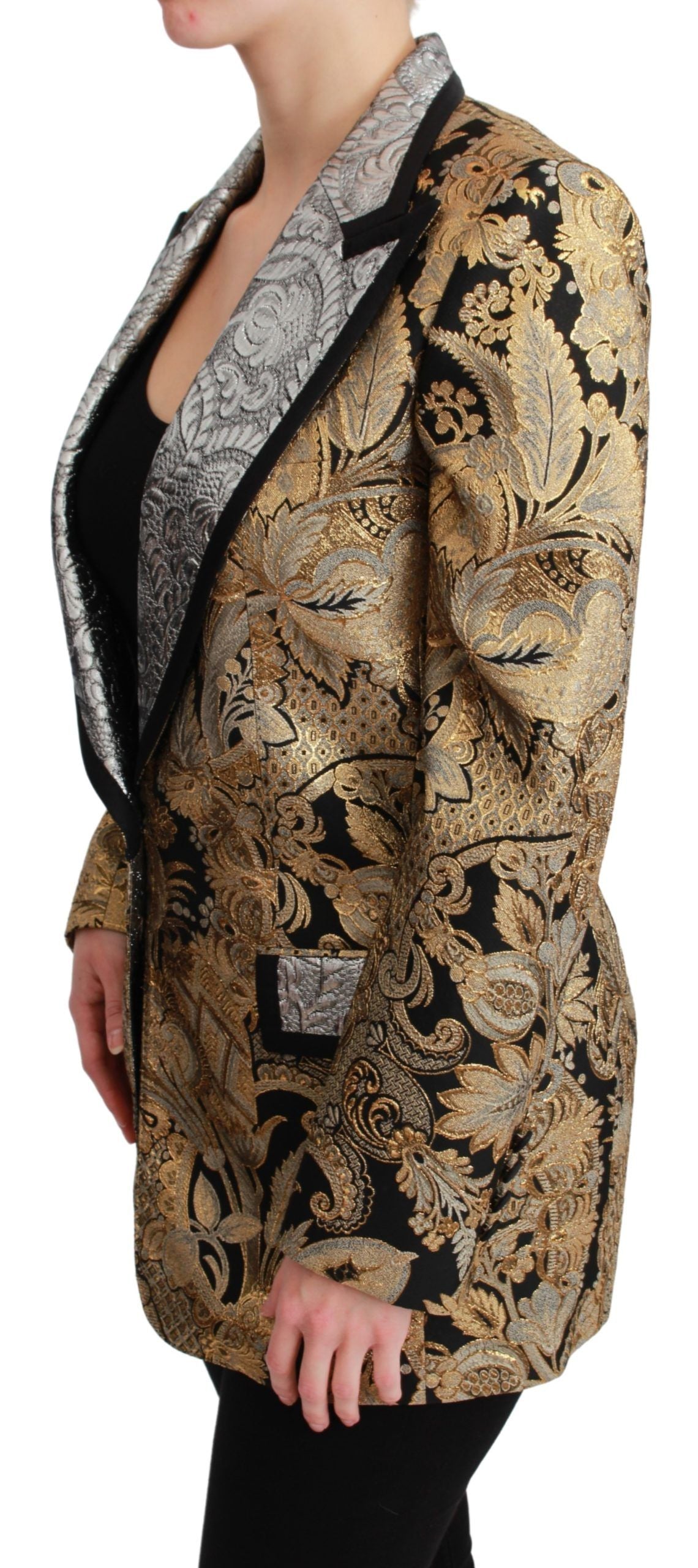 Dolce & Gabbana black and gold jacquard blazer jacket with tailored fit and intricate pattern detail.