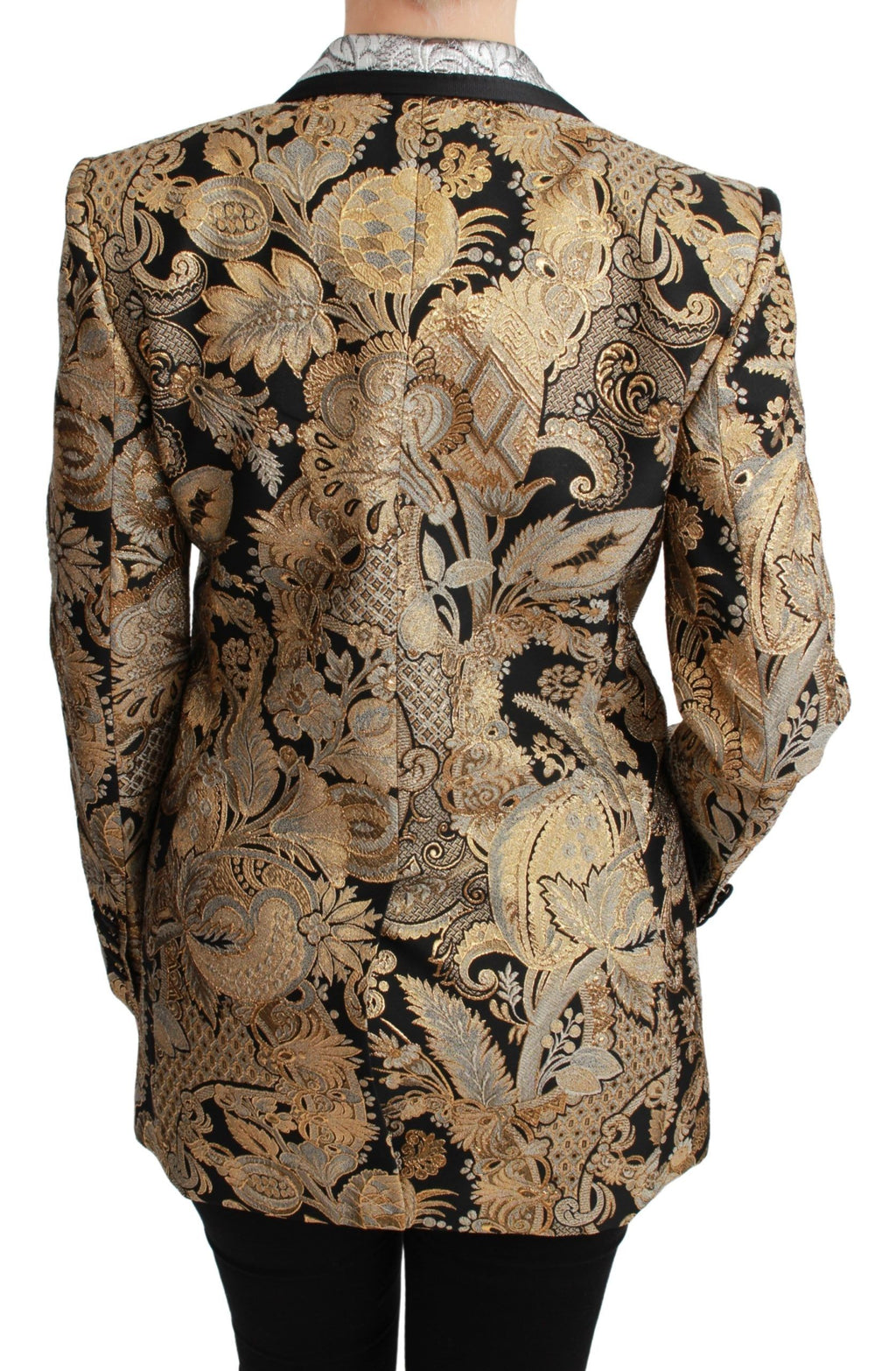 Dolce & Gabbana black and gold jacquard blazer jacket with structured fit and intricate pattern, stylish formal outerwear.