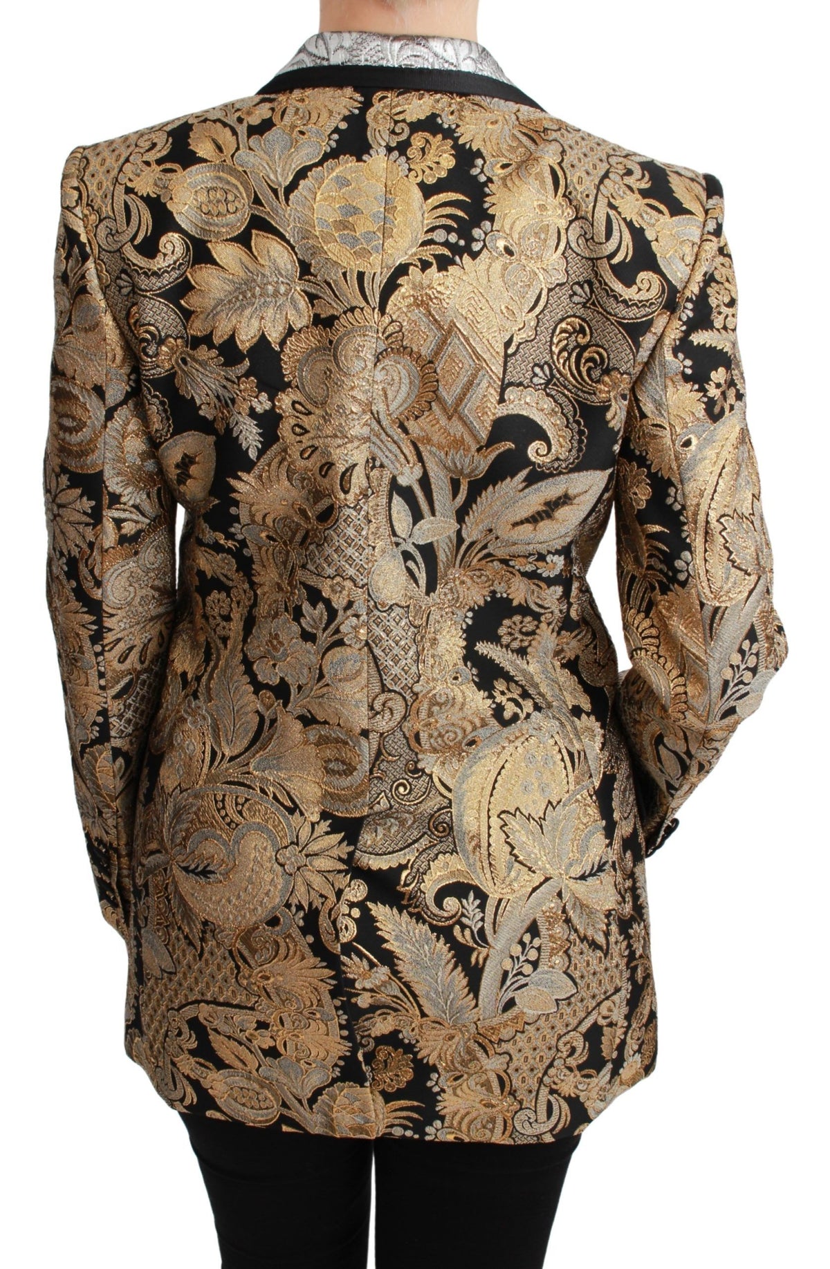Dolce & Gabbana black and gold jacquard blazer jacket with structured fit and intricate pattern, stylish formal outerwear.