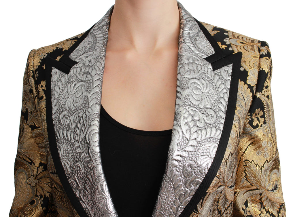 Dolce & Gabbana black and gold jacquard blazer jacket with tailored fit and intricate pattern, stylish formal wear for women.