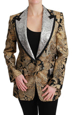 Dolce & Gabbana black and gold jacquard blazer jacket with tailored fit and intricate pattern details.