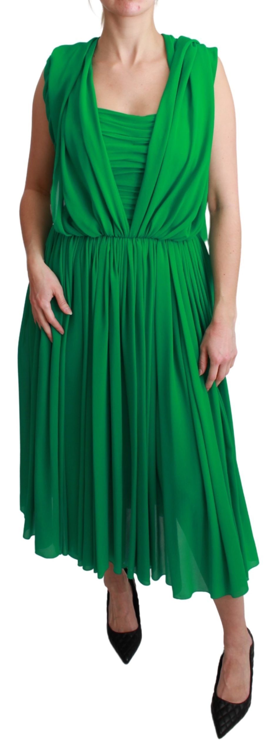 Dolce & Gabbana 100% Silk Green Sleeveless Pleated Maxi Dress Dolce & Gabbana