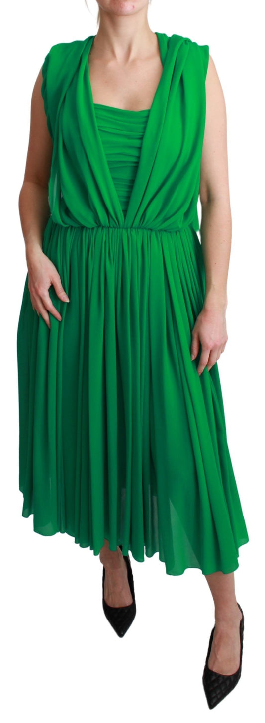 Dolce & Gabbana 100% Silk Green Sleeveless Pleated Maxi Dress Dolce & Gabbana