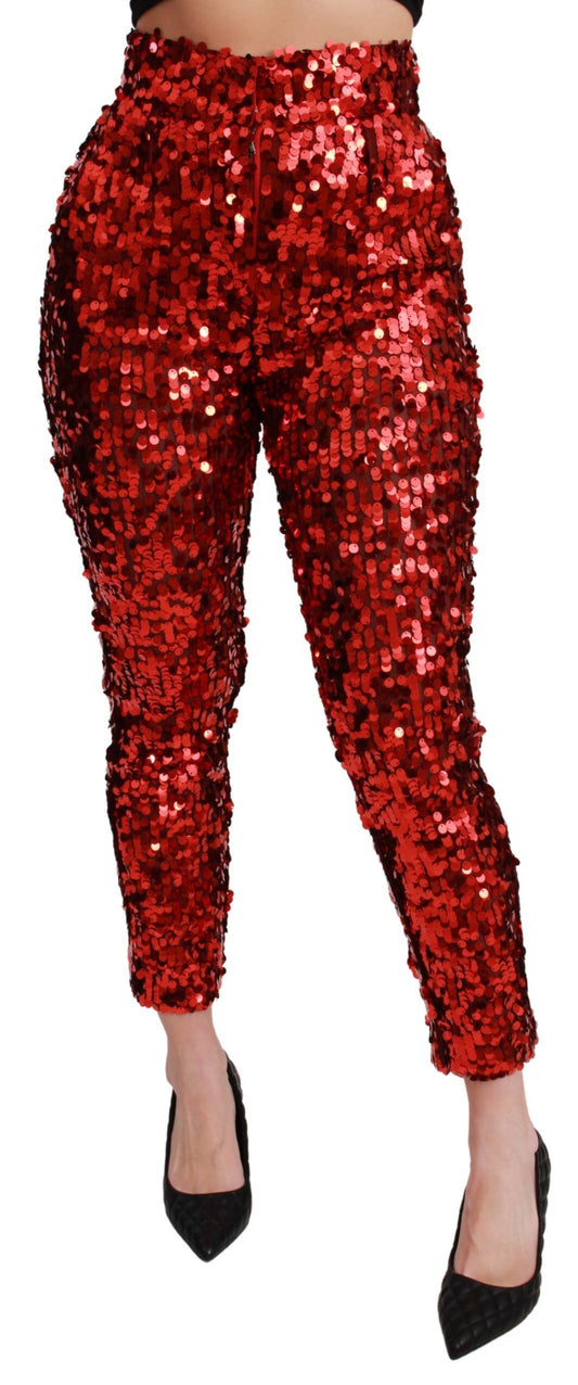 Dolce & Gabbana Red Sequined Cropped Trousers Pants Dolce & Gabbana