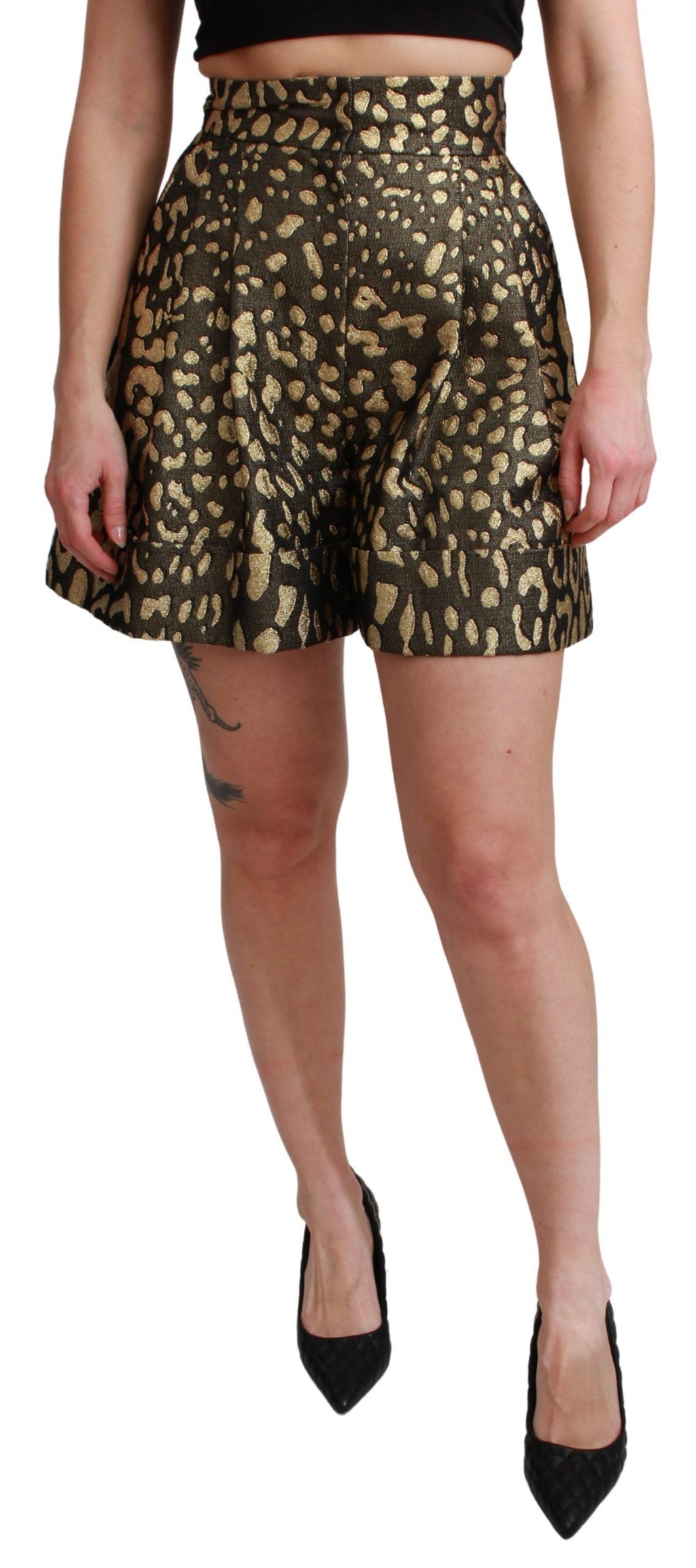 Black high-waist mini cotton shorts by Dolce & Gabbana with gold accents, showcased on a plain background.