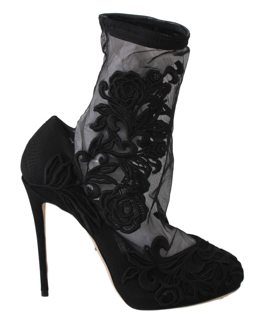 Dolce & Gabbana Black Roses Stilettos Booties Socks Shoes Dolce & Gabbana