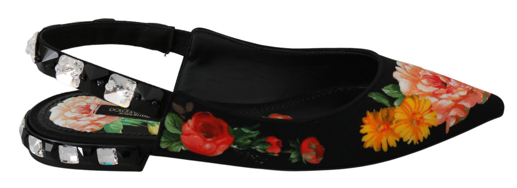 Dolce & Gabbana Black Floral Crystal Slingbacks Flats Shoes - Eljoys Fashion 