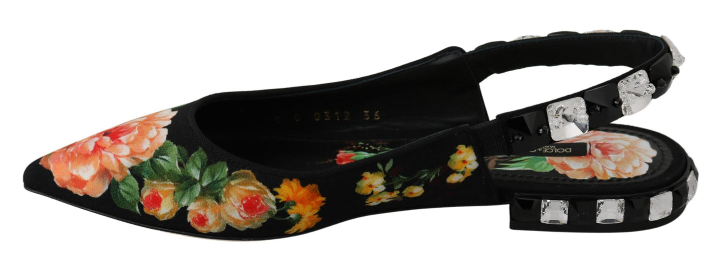Dolce & Gabbana Black Floral Crystal Slingbacks Flats Shoes Dolce & Gabbana