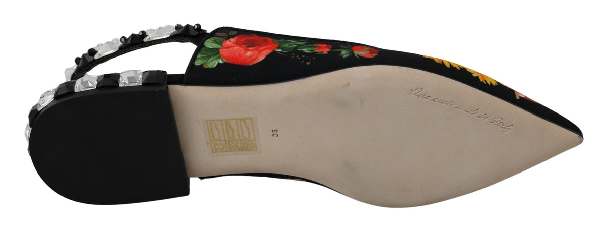 Dolce & Gabbana Black Floral Crystal Slingbacks Flats Shoes - Eljoys Fashion 