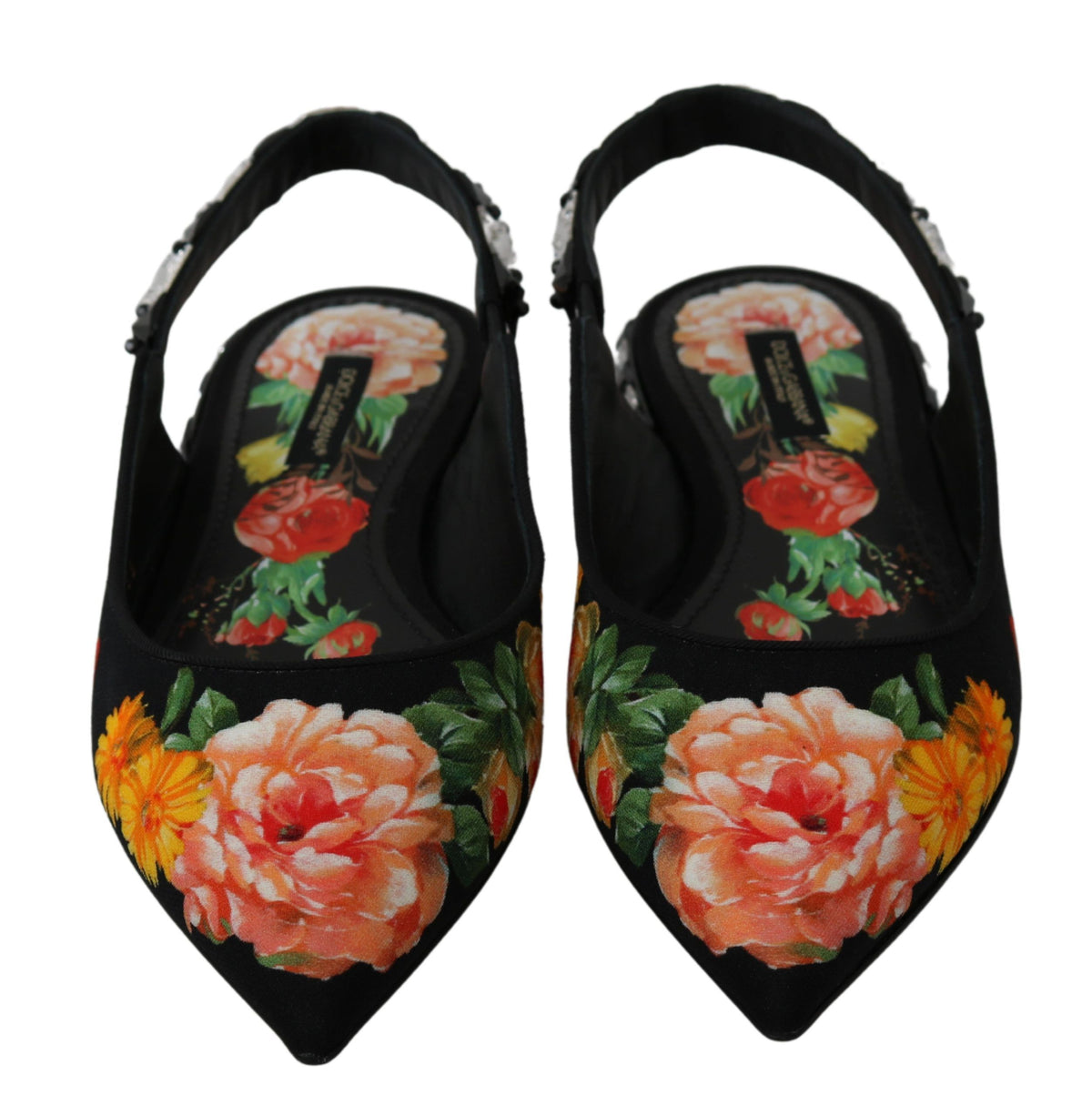 Dolce & Gabbana Black Floral Crystal Slingbacks Flats Shoes - Eljoys Fashion 