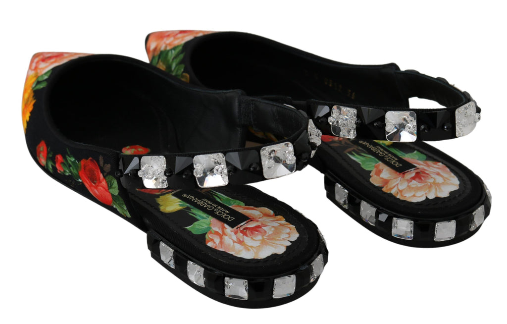 Dolce & Gabbana Black Floral Crystal Slingbacks Flats Shoes - Eljoys Fashion 