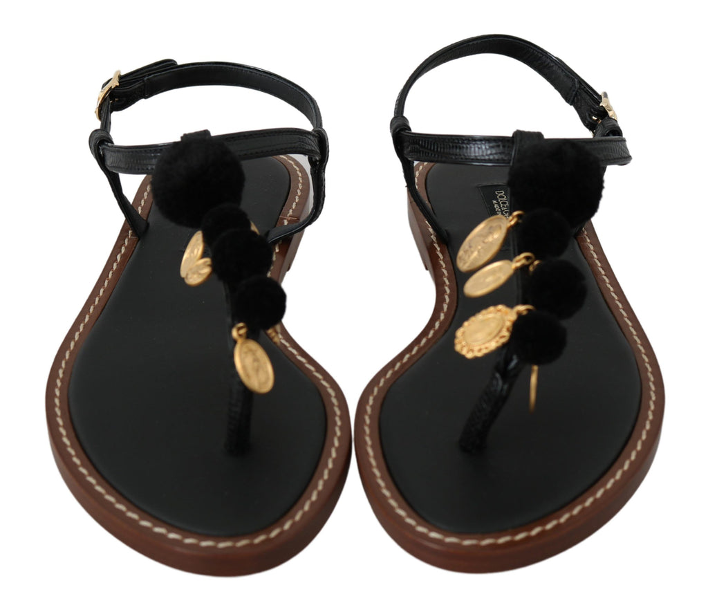 Dolce & Gabbana Black Leather Coins Flip Flops Sandals Shoes - Eljoys Fashion 
