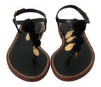 Dolce & Gabbana Black Leather Coins Flip Flops Sandals Shoes - Eljoys Fashion 