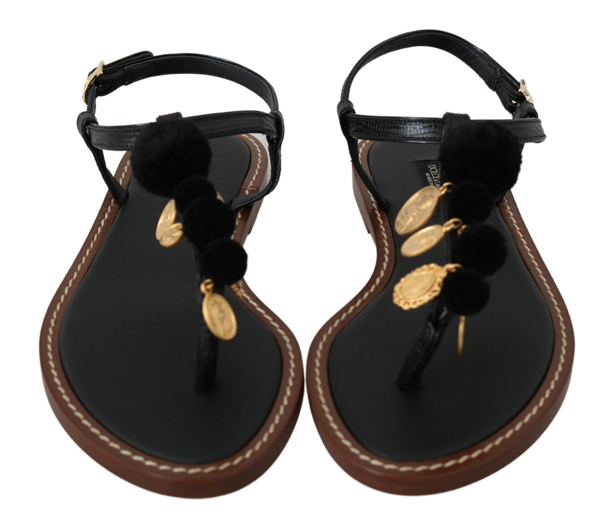 Dolce & Gabbana Black Leather Coins Flip Flops Sandals Shoes - Eljoys Fashion 