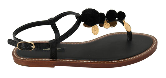Dolce & Gabbana Black Leather Coins Flip Flops Sandals Shoes Dolce & Gabbana