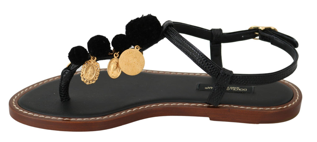 Dolce & Gabbana Black Leather Coins Flip Flops Sandals Shoes - Eljoys Fashion 