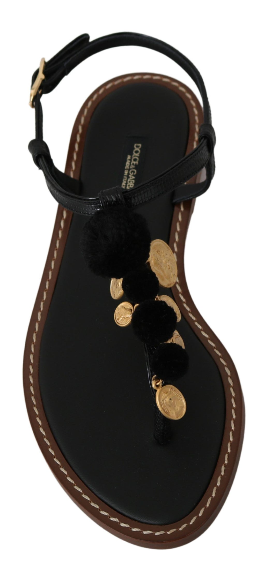 Dolce & Gabbana Black Leather Coins Flip Flops Sandals Shoes - Eljoys Fashion 