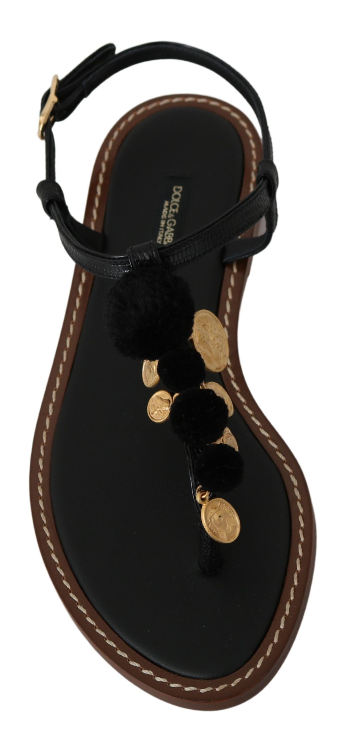Dolce & Gabbana Black Leather Coins Flip Flops Sandals Shoes - Eljoys Fashion 