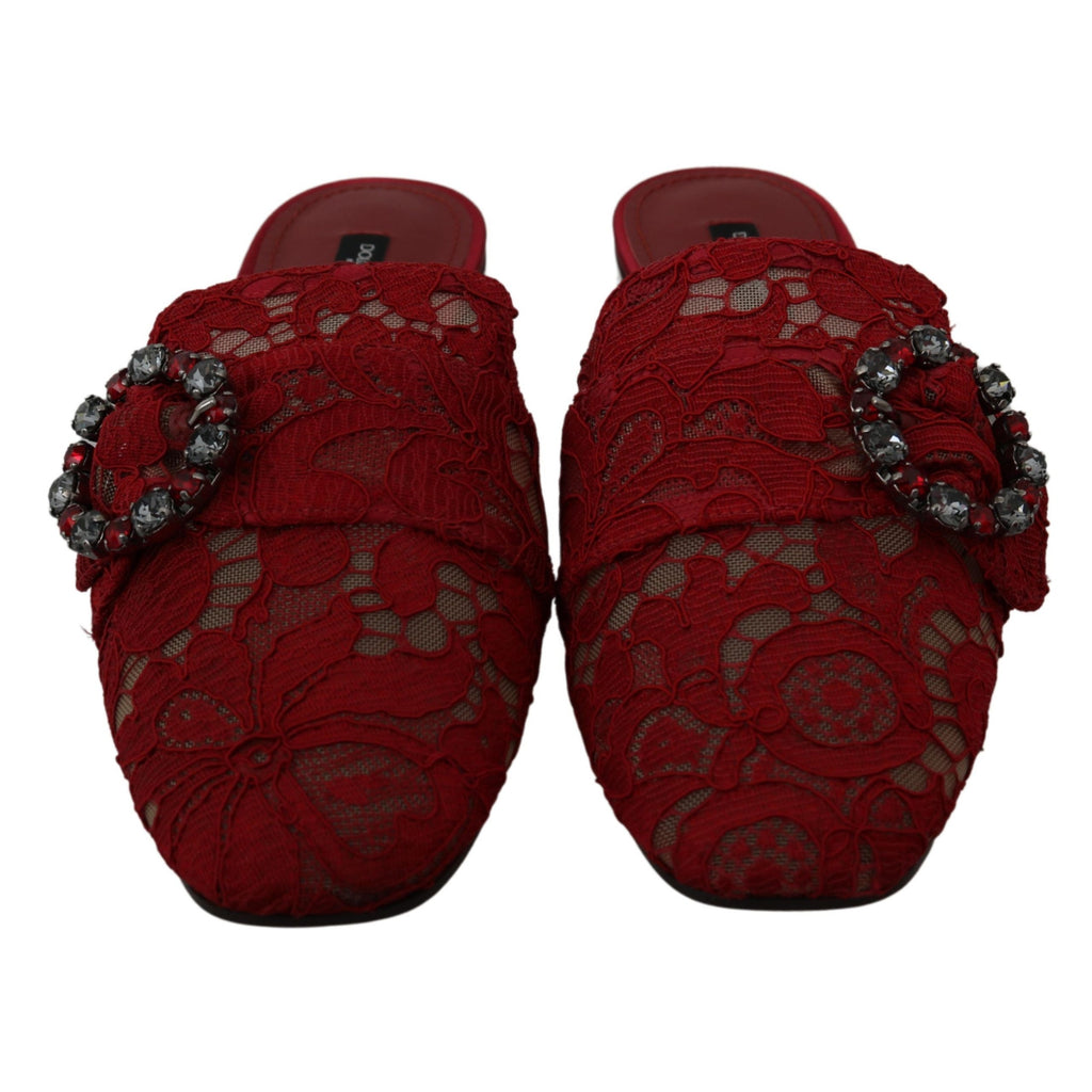 Dolce & Gabbana Red Lace Crystal Slide On Flats Shoes