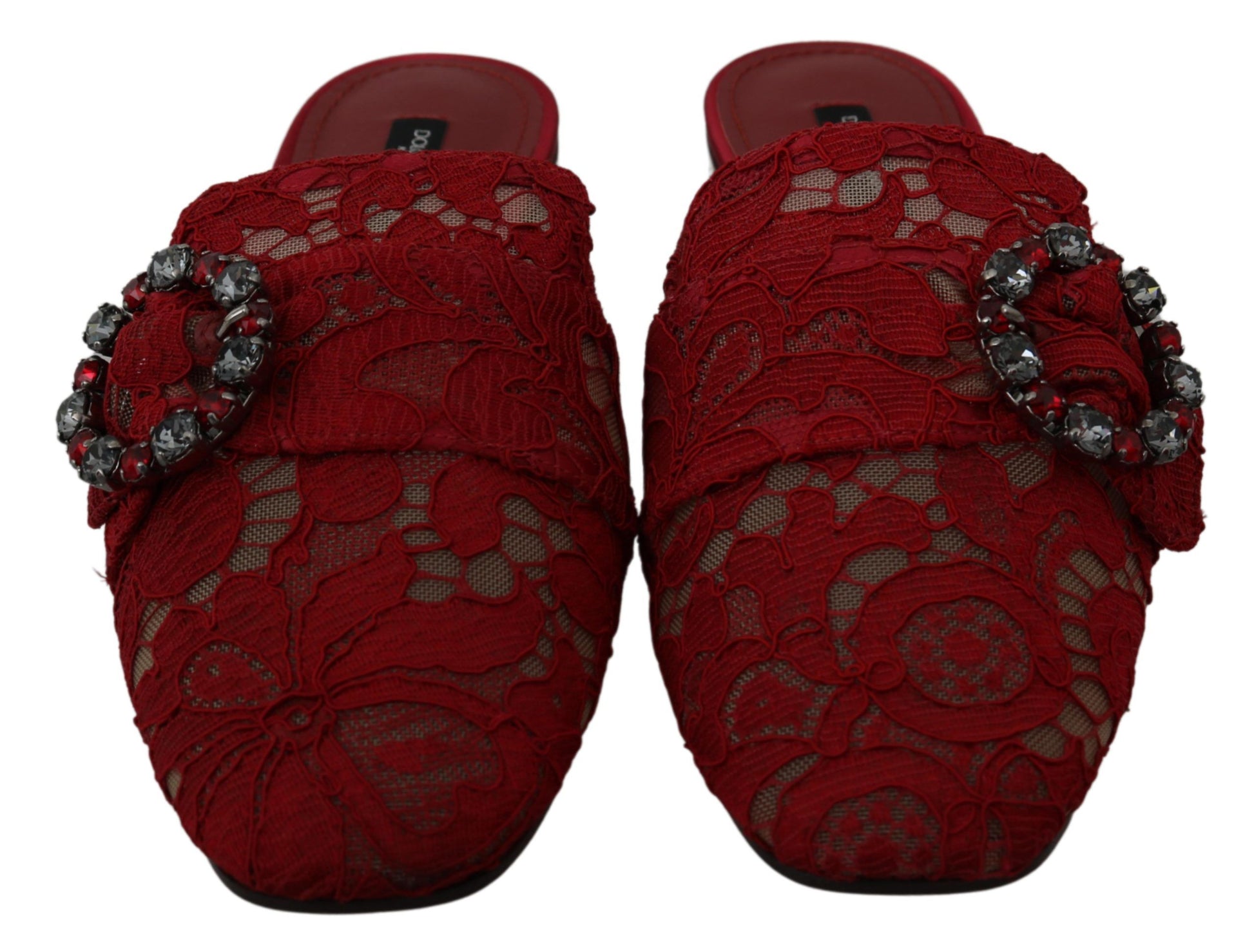 Dolce & Gabbana Red Lace Crystal Slide On Flats Shoes Dolce & Gabbana
