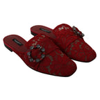 Dolce & Gabbana Red Lace Crystal Slide On Flats Shoes
