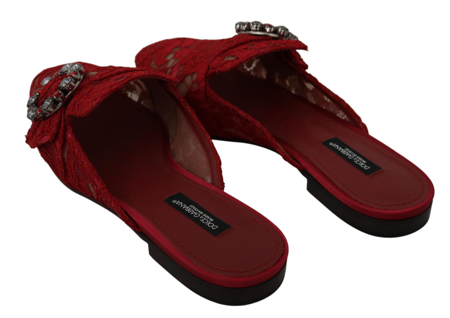 Dolce & Gabbana Red Lace Crystal Slide On Flats Shoes Dolce & Gabbana