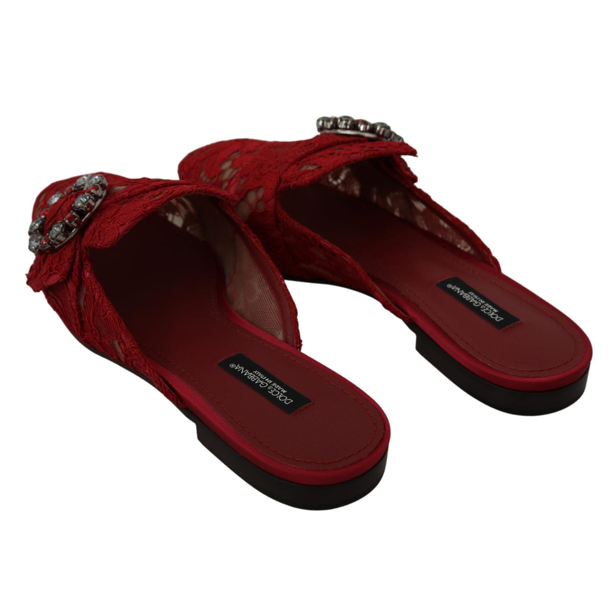 Dolce & Gabbana Red Lace Crystal Slide On Flats Shoes