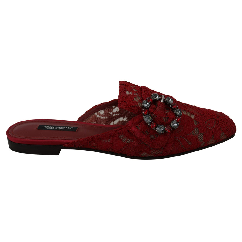 Dolce & Gabbana Red Lace Crystal Slide On Flats Shoes