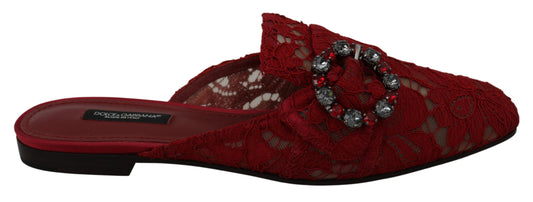 Dolce & Gabbana Red Lace Crystal Slide On Flats Shoes Dolce & Gabbana