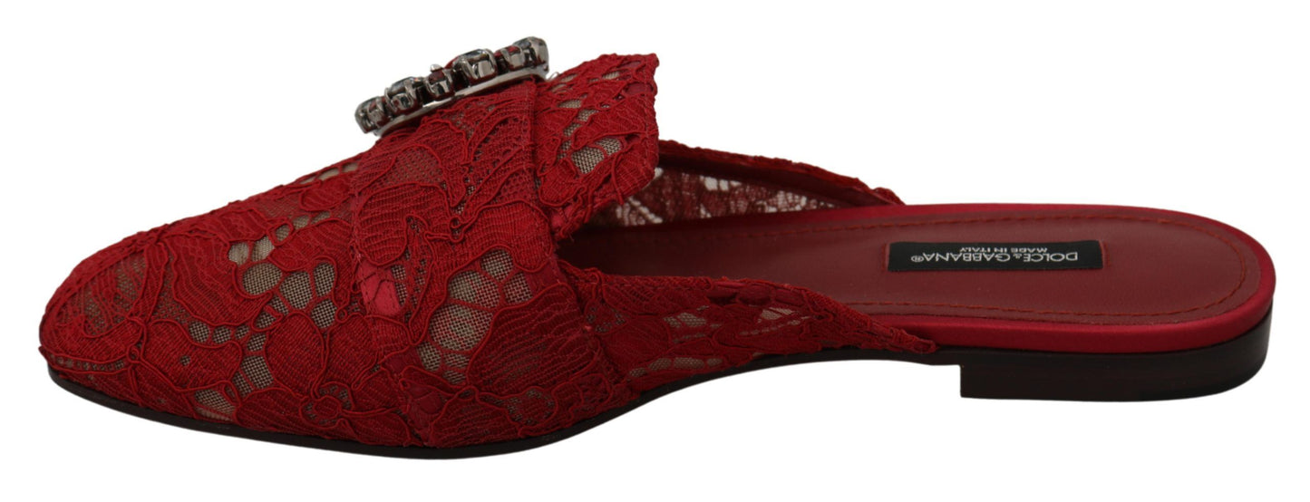 Dolce & Gabbana Red Lace Crystal Slide On Flats Shoes Dolce & Gabbana