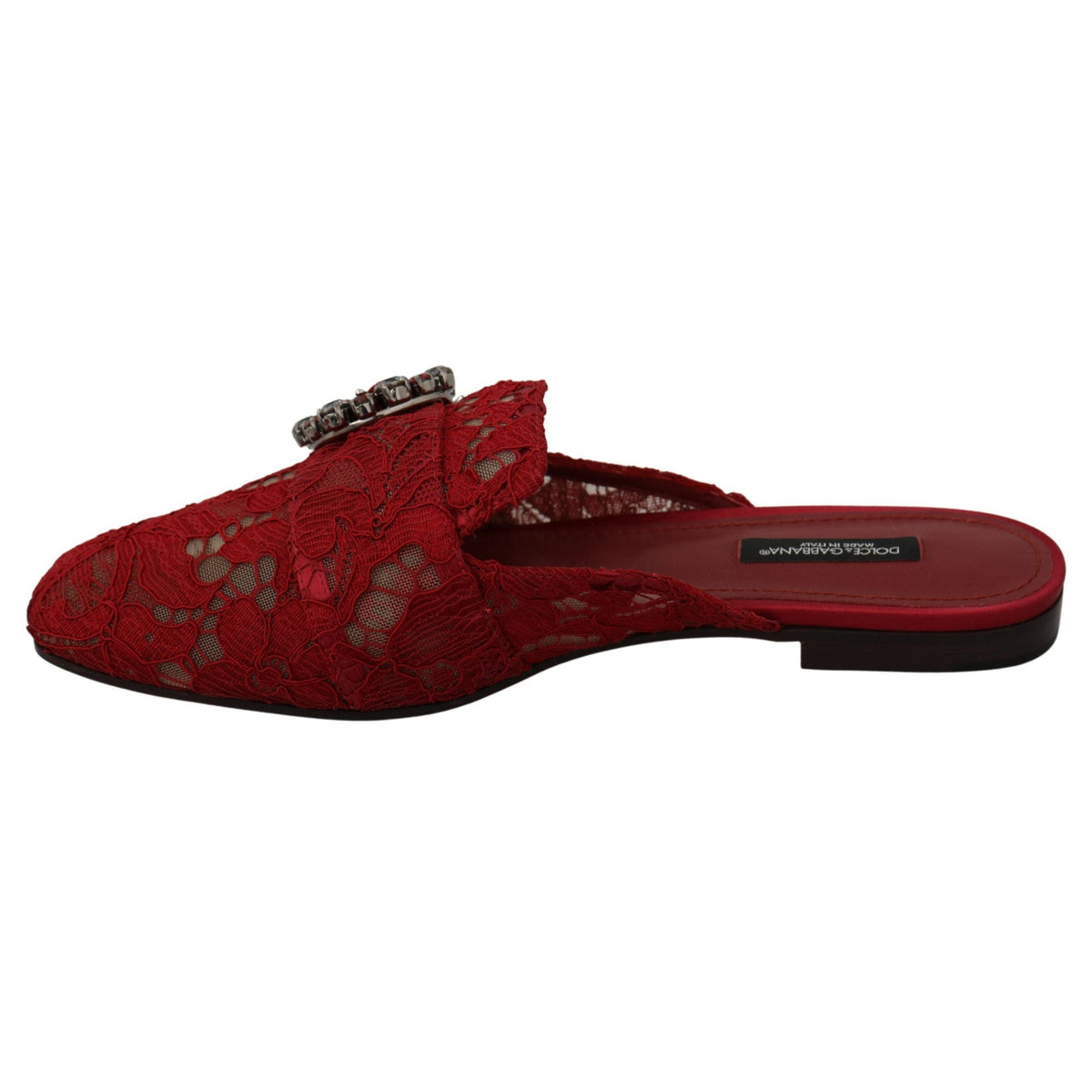 Dolce & Gabbana Red Lace Crystal Slide On Flats Shoes