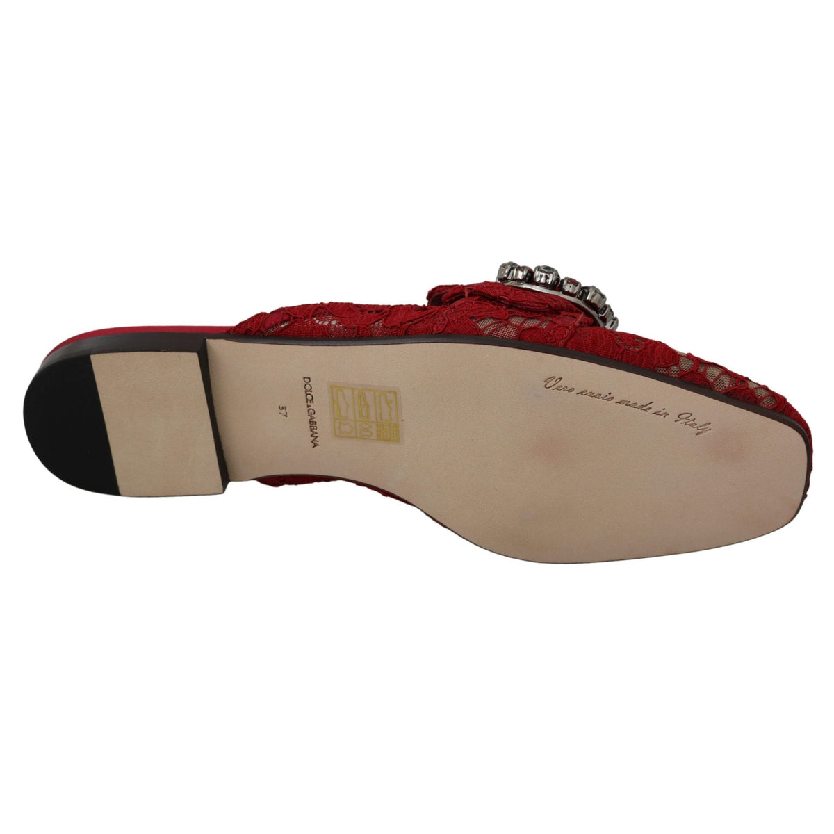 Dolce & Gabbana Red Lace Crystal Slide On Flats Shoes