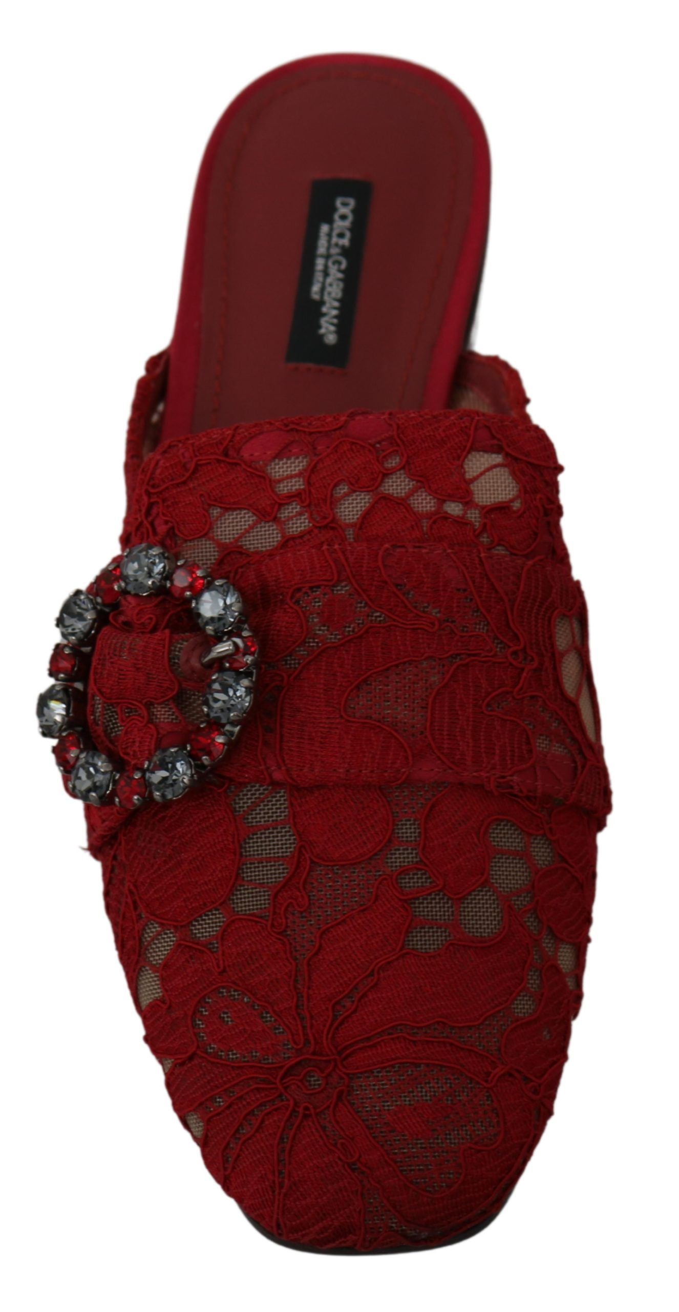 Dolce & Gabbana Red Lace Crystal Slide On Flats Shoes Dolce & Gabbana