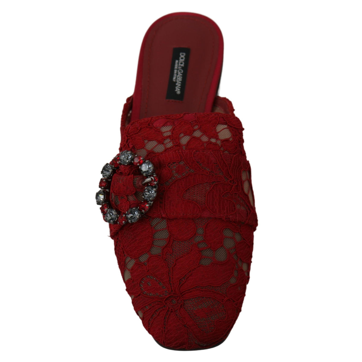 Dolce & Gabbana Red Lace Crystal Slide On Flats Shoes