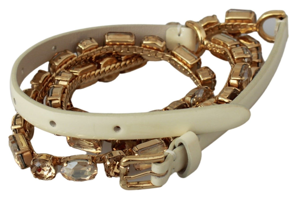 Dolce & Gabbana White Leather Crystals Waist Belt - Eljoys Fashion 