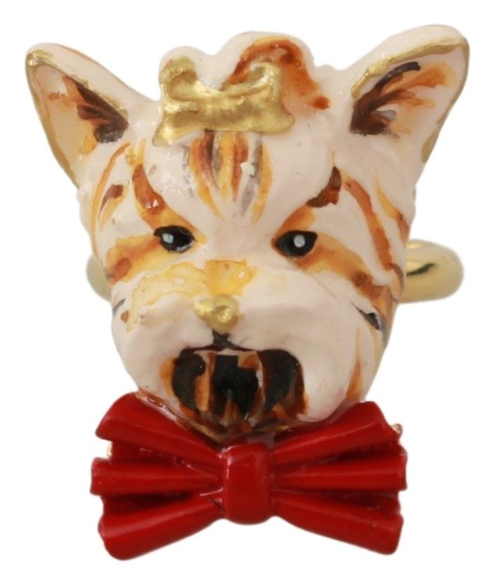 Dolce & Gabbana Gold Brass Resin Beige Dog Pet Branded Accessory Ring Dolce & Gabbana