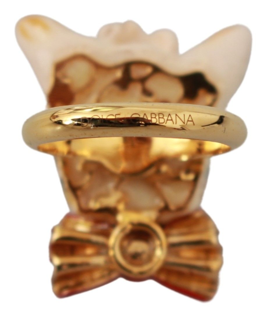 Dolce & Gabbana Gold Brass Resin Beige Dog Pet Branded Accessory Ring Dolce & Gabbana