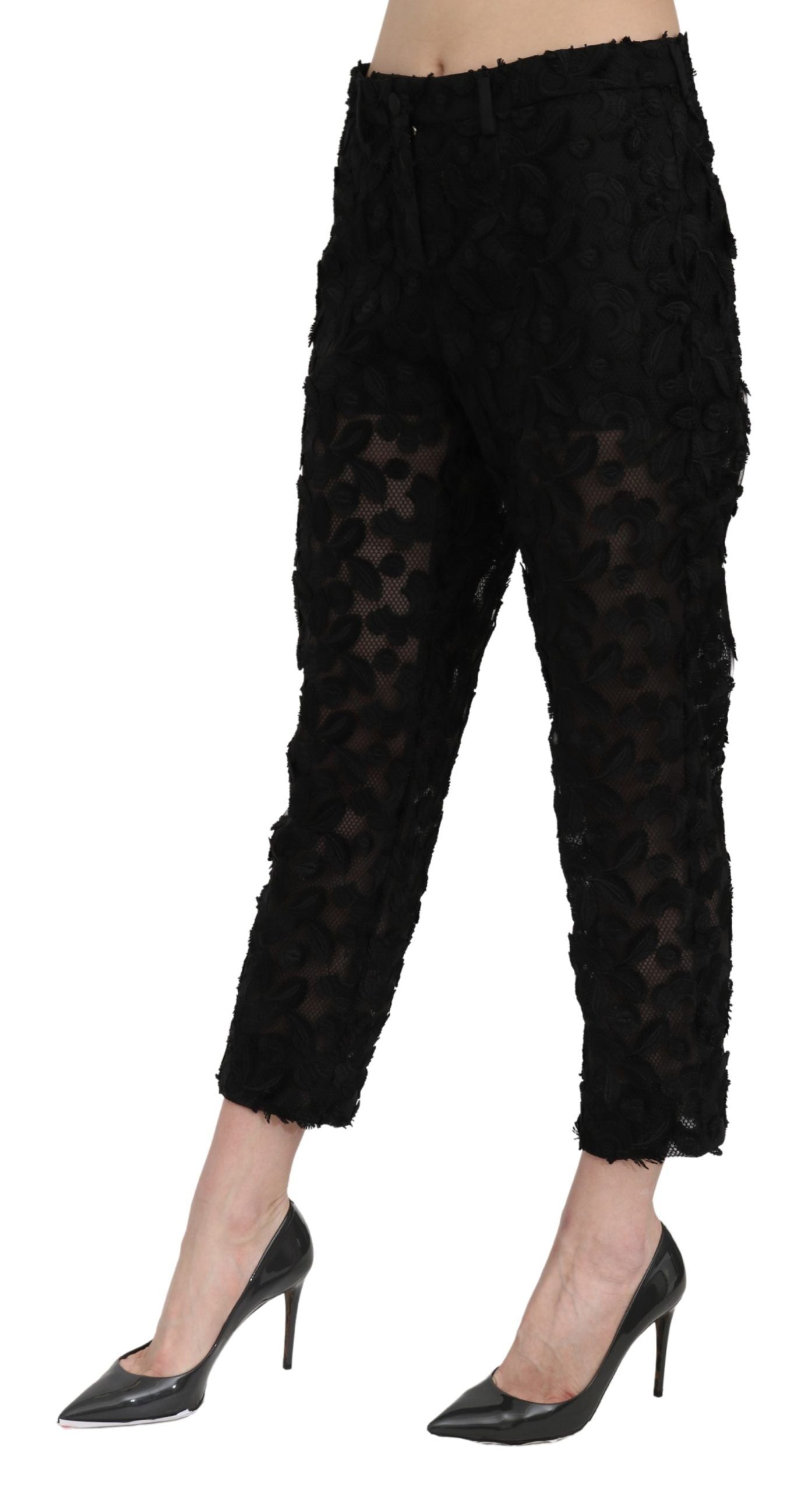 Dolce & Gabbana Black Lace Straight Cropped High Waist Pants Dolce & Gabbana