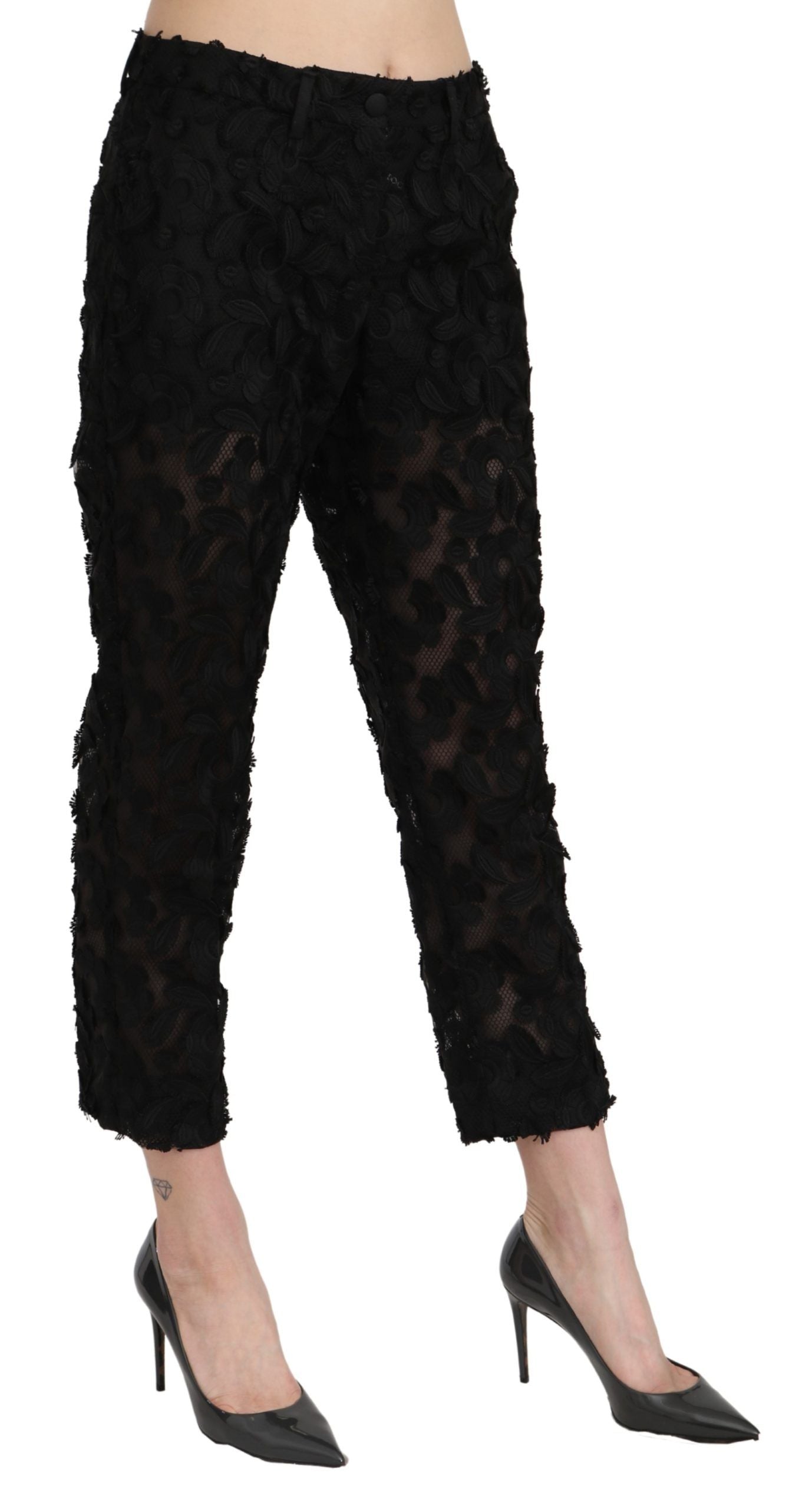 Dolce & Gabbana Black Lace Straight Cropped High Waist Pants Dolce & Gabbana