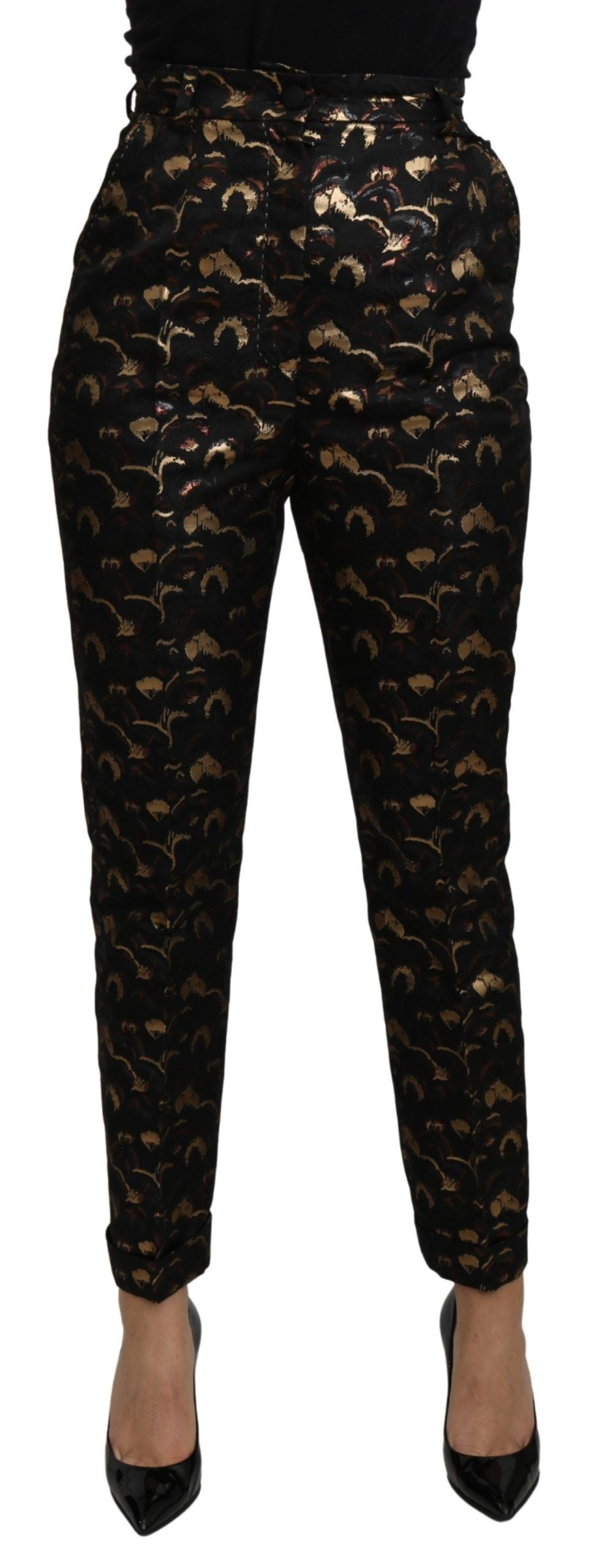Dolce & Gabbana black and gold brocade high-waist pants with intricate pattern and tailored fit.