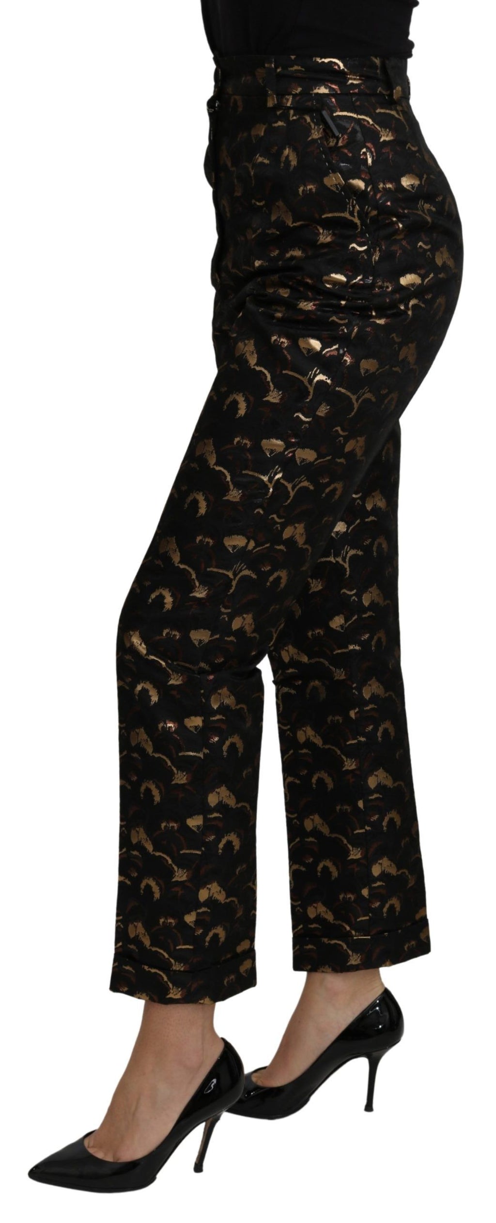 Dolce & Gabbana black and gold brocade high-waist pants with intricate pattern and tailored fit.
