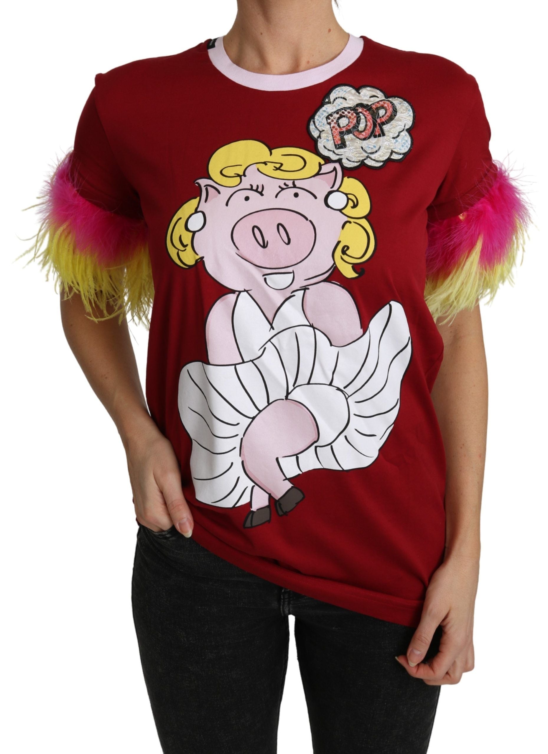 Dolce & Gabbana Red Pig Print Feather Sleeves T-shirt Top Dolce & Gabbana