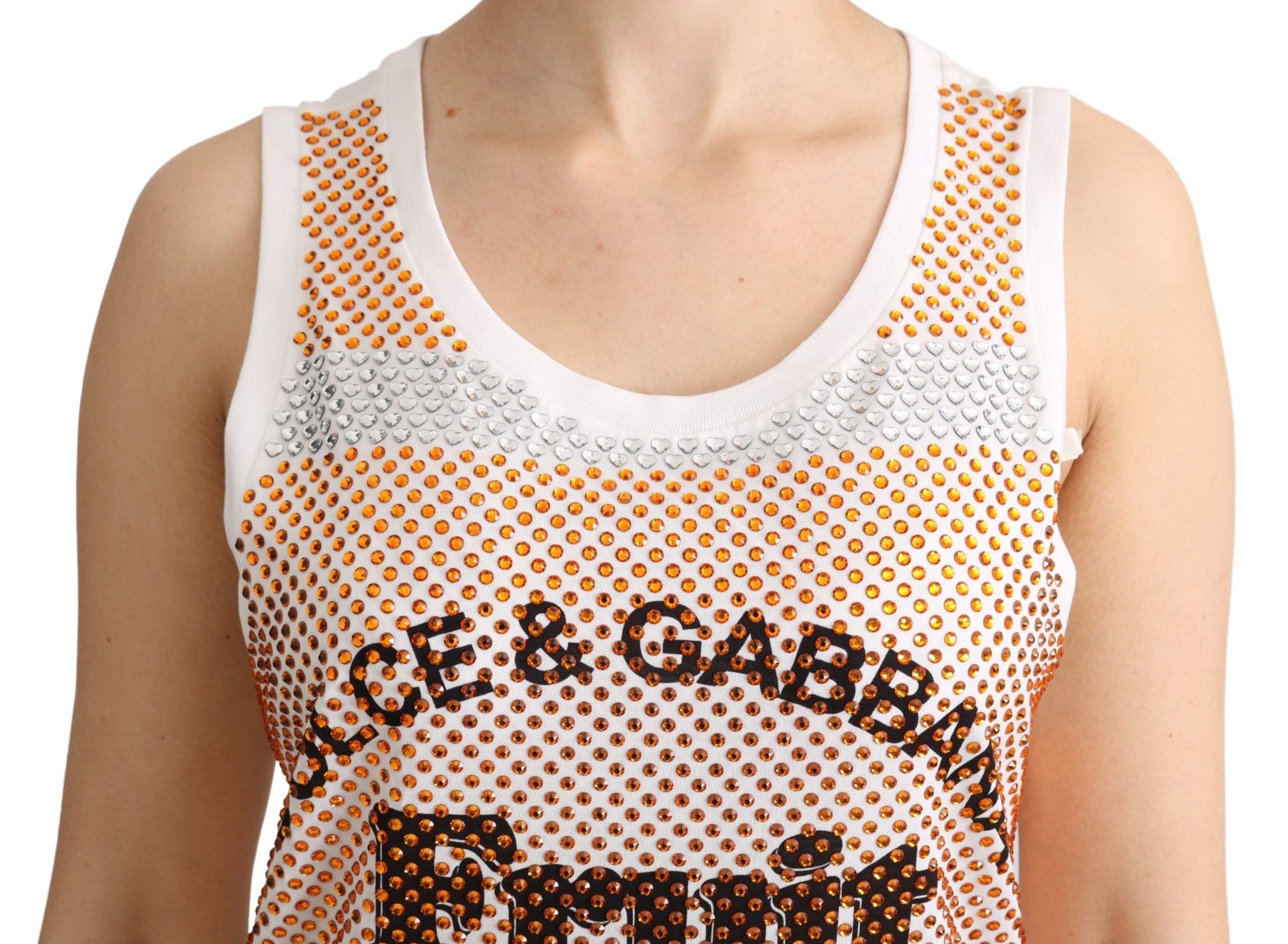 Dolce & Gabbana White Orange Crystal Sleeveless Tank Cotton Top Dolce & Gabbana